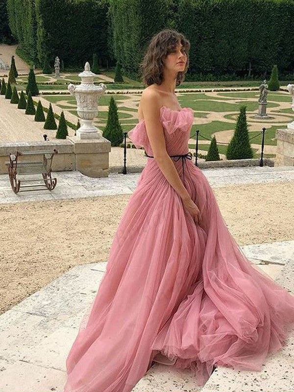 A-line Sleeveless Pink Tulle Evening Dresses ,Cheap Prom Dresses,PDY0579