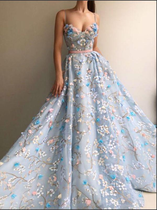Spaghetti Strap Blue Tulle Applique Long Prom Dresses ,Cheap Prom Dresses,PDY0446