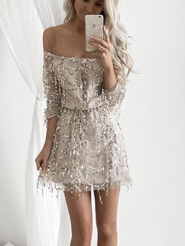 A-Line Off Shoulder Long Sleeves Sequined Homecoming Dress,Short Prom Dresses,BDY0334