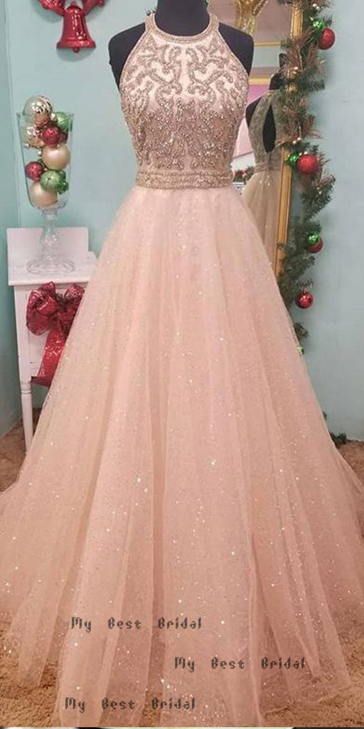 A-line Pink Tulle Long Evening Dresses,Cheap Prom Dresses,PDY0639