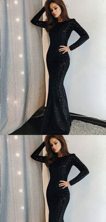 Mermaid Bateau Long Sleeves Black Sequined Prom Dresses,Cheap Prom Dresses,PDY0494