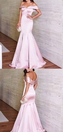 Mermaid Off Shoulder Pink Satin Long Prom Dresses,Cheap Prom Dresses,PDY0526