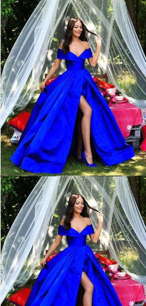 A-line Off-the Shoulder Dark Blue Satin Prom Dresses,Cheap Prom Dresses,PDY0478