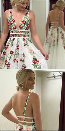 V-Neck Ivory Lace Evening Dresses with Embroidery ,Cheap Prom Dresses,PDY0584