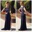 Scoop Neckline Rhinestone Sexy See Through Long Sheath Navy Jersey Side Slit Prom Dresses, BG0090