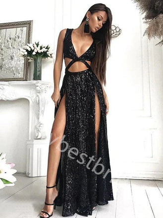 Sexy V-neck Sleeveless Side slit A-line Prom Dresses,PDS0750