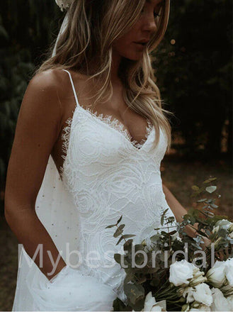 Sexy Spaghetti straps V-neck Mermaid Lace applique Wedding Dresses,WDY0308