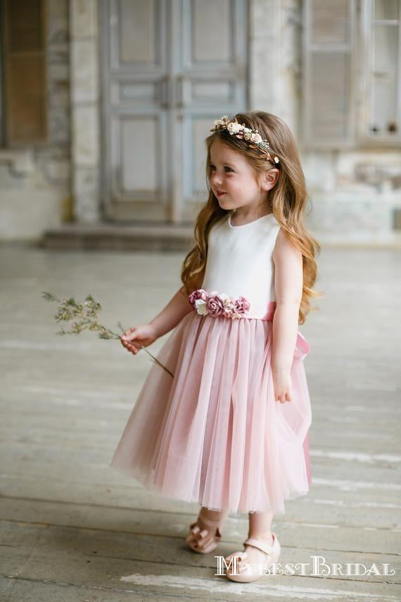 Cute Round Neck Pink Tulle A-line Long Cheap Flower Girl Dresses, FGS0019