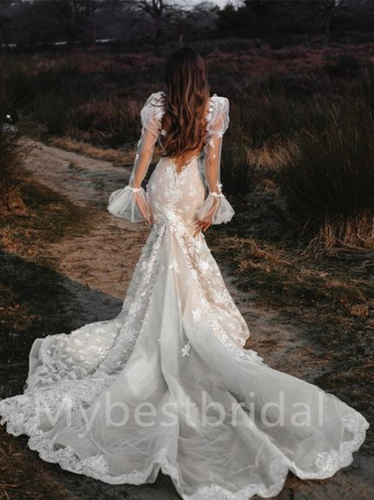 Sexy V-neck Long sleeves Mermaid Wedding Dresses, WDY0203