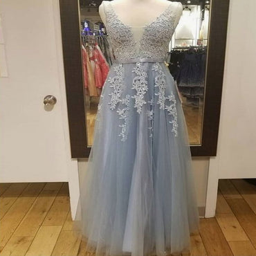 Sexy Backless V Neck Grey Lace Tulle Long Evening Prom Dresses,  Pretty Party Prom Dresses PDY0179