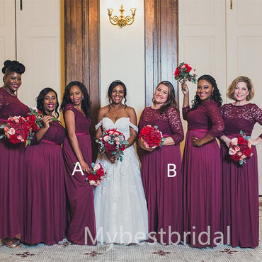 Mismatched Long sleeves A-line Pleats Side slit Elegant Simple Long Bridesmaid Dresses,BDS0200