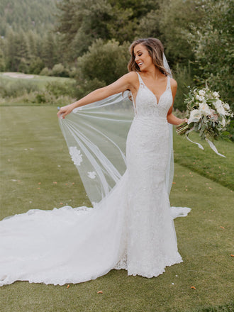 Sexy V-neck Mermaid Lace Open Back Long Wedding Dresses, WDS0070