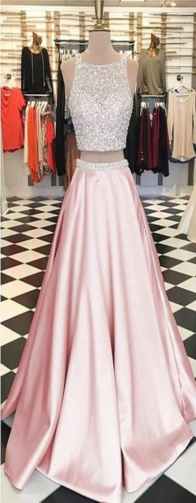 New Arrival Prom Dress,Sequin Two Pieces Beaded Satin Open Back Ball gowns,PDY0167