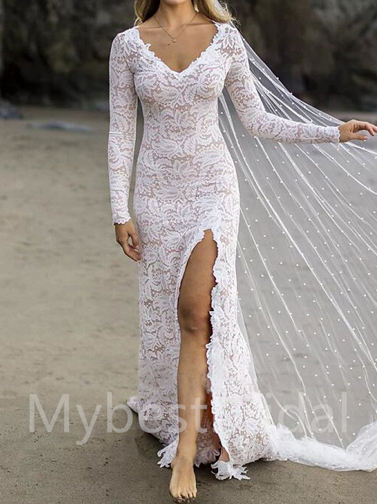 Sexy V-neck Long sleeves Side slit Mermaid Lace applique Wedding Dresses,WDY0311