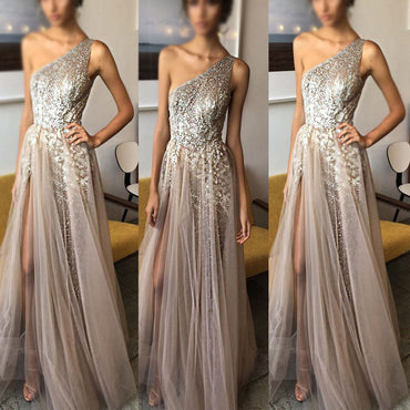 A-line One Shoulder Shinning Side Split Floor-length Tulle Prom Dress Evening Dresses. PDY0205