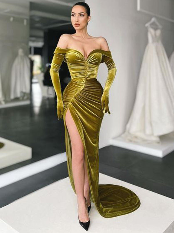 Elegant Off-shoulder Side Slit Mermaid Long Prom Dresses, PDS0262