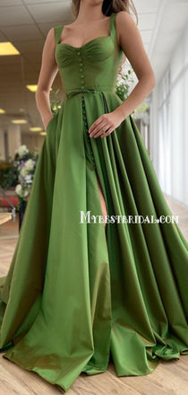 Newest Spaghetti Strap A-line Satin Simple Long Prom Dresses, PDS0191