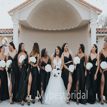 Spaghetti straps Sweetheart A-line Pleats Side slit Elegant Simple Long Bridesmaid Dresses,BDS0203