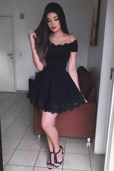 Off Shoulder Black Lace Simple Cheap Short Homecoming Dresses 2018, Little Black Dress, BDY0290