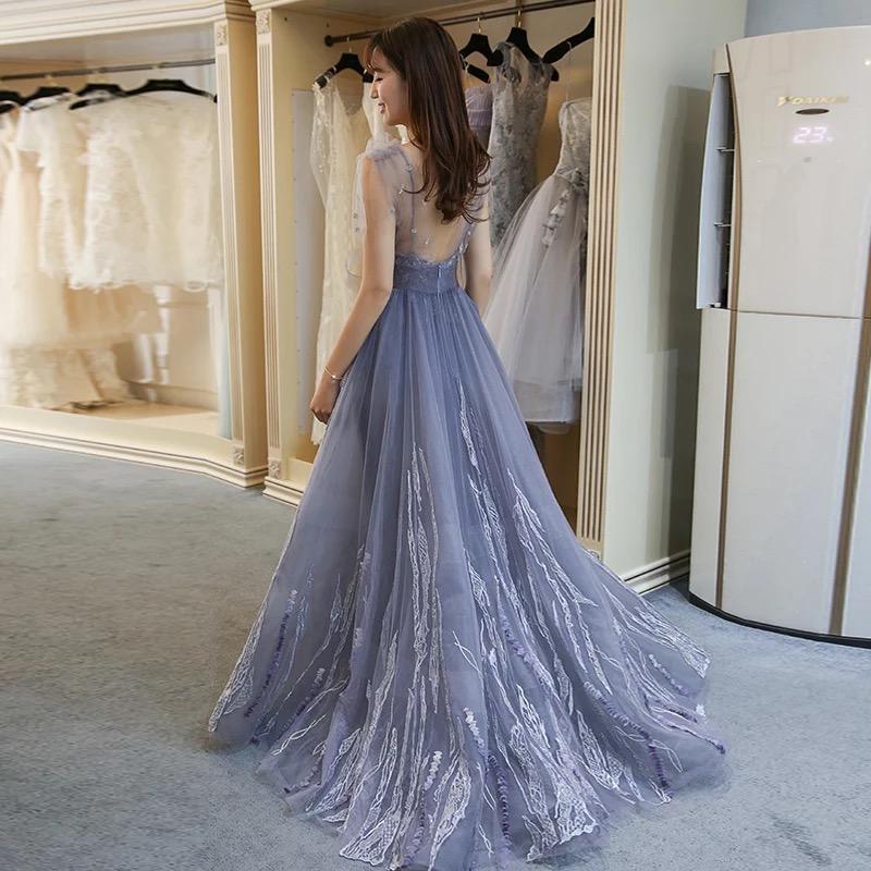 A-line V-neck Grey Tulle Prom Dress With Applique ,Cheap Prom Dresses,PDY0413