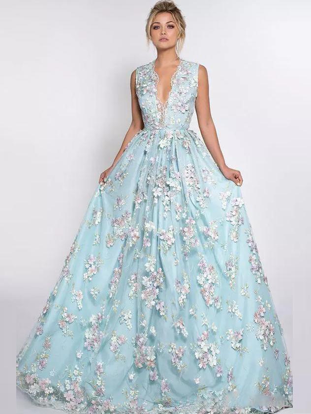 A-line V-neck Light Blue Tulle Prom Dress With Applique ,Cheap Prom Dresses,PDY0414