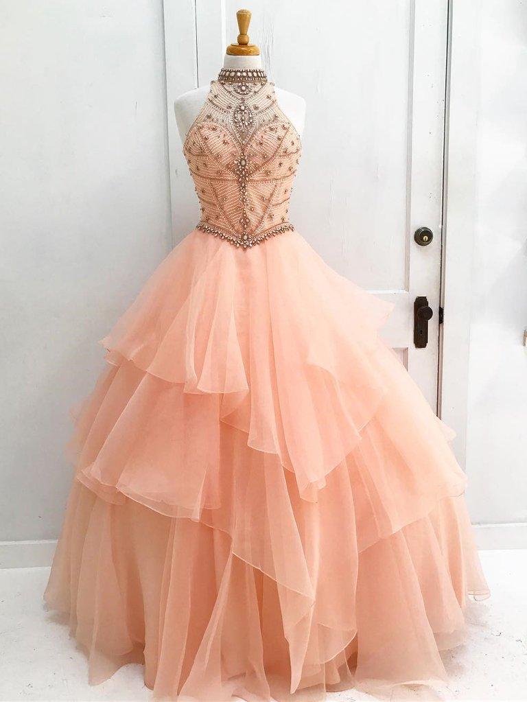 A-line High Neck Beaded Pink Tulle Prom Dress ,Cheap Prom Dresses,PDY0407