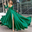 A-line V-neck Long Sleeves Dark Green Satin Prom Dress ,Cheap Prom Dresses,PDY0405