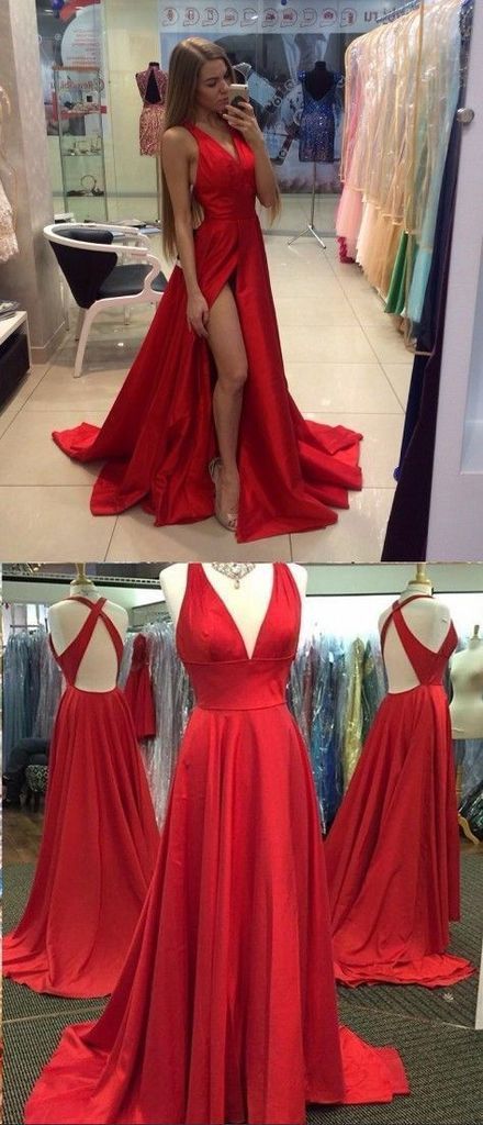 A-line V-neck Red Satin Prom Dresses ,Cheap Prom Dresses,PDY0427