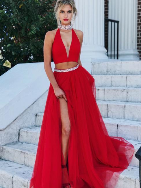 A-line V-neck Beaded Red Tulle  Prom Dress ,Cheap Prom Dresses,PDY0417