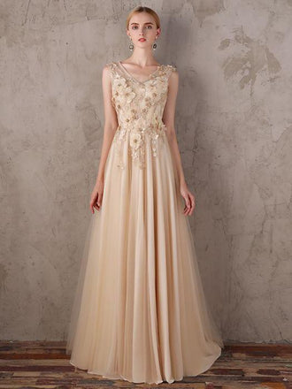 New Arrival A-line floor-length tulle Back strap V-neck evening Dress, Long prom dresses,PDY0281