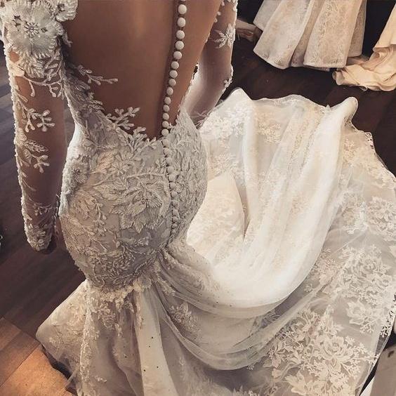Mermaid Open Back White Lace Wedding Dresses.Cheap Wedding Dresses, WDY0274