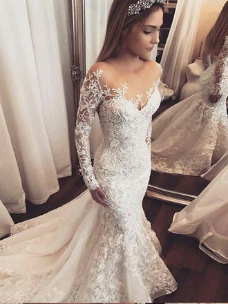 Mermaid Open Back White Lace Wedding Dresses.Cheap Wedding Dresses, WDY0274