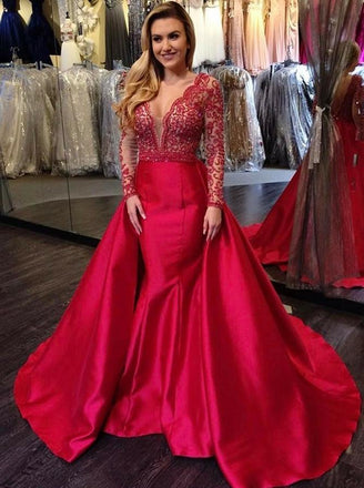 Mermaid Long Sleeves Beaded Red Lace Prom Dress ,Cheap Prom Dresses,PDY0419