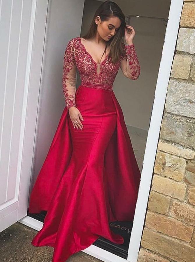 Mermaid Long Sleeves Beaded Red Lace Prom Dress ,Cheap Prom Dresses,PDY0419