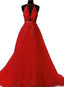 A-line Red Tulle Beaded Lace Long Prom Dress ,Cheap Prom Dresses,PDY0404