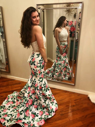 Two Piece Mermaid White Lace Prom Dress ,Cheap Prom Dresses,PDY0415