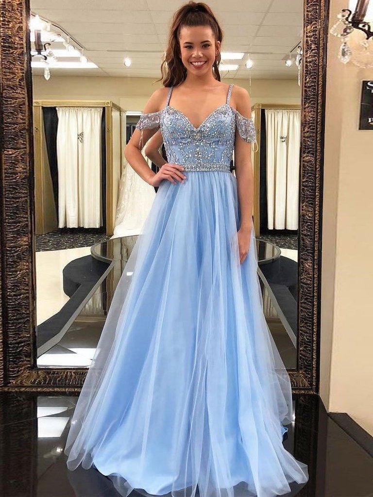 A-line Off-the-Shoulder Beaded Light Blue Tulle Prom Dress ,Cheap Prom Dresses,PDY0422