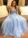 A-line Off-the-Shoulder Beaded Light Blue Tulle Prom Dress ,Cheap Prom Dresses,PDY0422