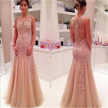 Popular Dusty Pink See Through Mermaid Lace Tulle Prom Dresses, BG0013