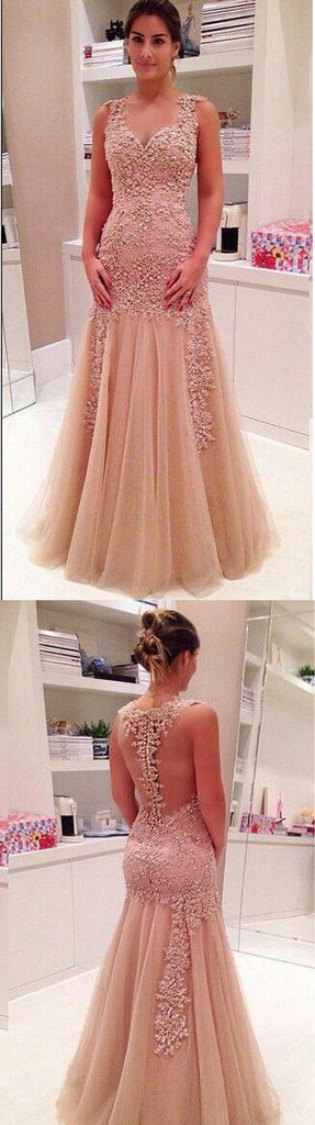 Popular Dusty Pink See Through Mermaid Lace Tulle Prom Dresses, BG0013