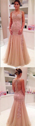 Popular Dusty Pink See Through Mermaid Lace Tulle Prom Dresses, BG0013