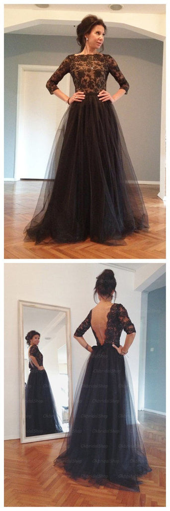 Black Lace  Long Sleeves Tulle  Backless Party Long  Fashion Prom Dresses, Evening Dress, PDY0128