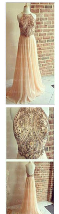 Gorgeous Backless Rhinestone Beaded Long A-line Chiffon Prom Dresses, BG0007