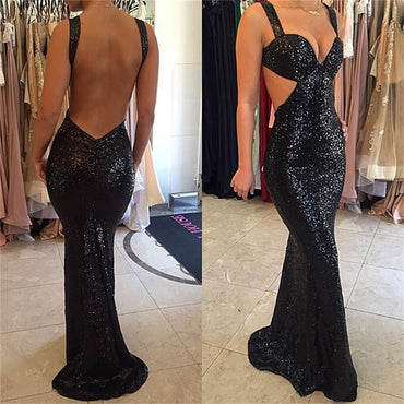 Shinny Black Sequin Sexy Mermaid Backless Long Prom Dresses, BG0017