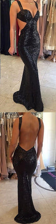 Shinny Black Sequin Sexy Mermaid Backless Long Prom Dresses, BG0017