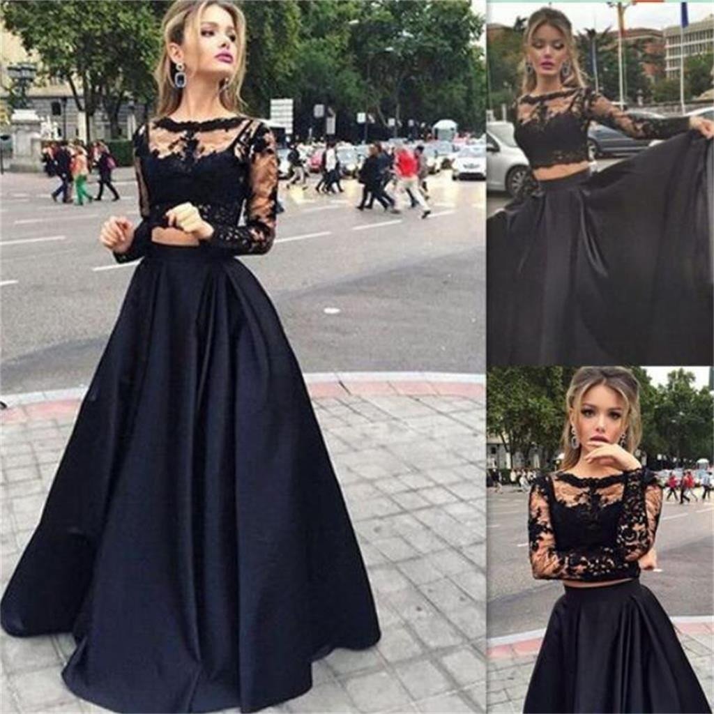 Long Sleeve See Through Black Lace Satin Two Pieces Prom Dresses, BG0012