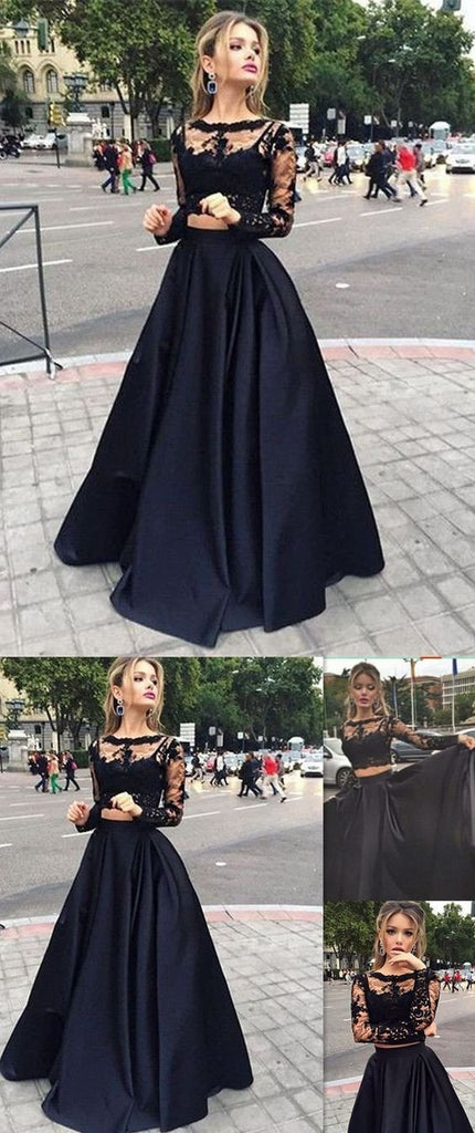 Long Sleeve See Through Black Lace Satin Two Pieces Prom Dresses, BG0012
