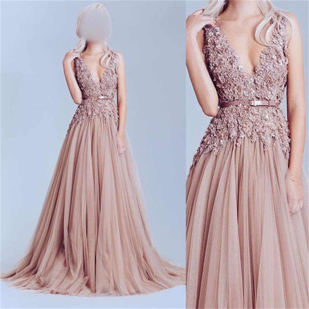 Hot Sale V-neck Long A-line Dusty Pink Lace Tulle Prom Dresses, BG0010