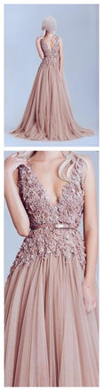 Hot Sale V-neck Long A-line Dusty Pink Lace Tulle Prom Dresses, BG0010