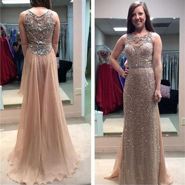 Scoop Neckline Rhinestone Beaded Long Sheath Chiffon Prom Dresses ,BG0016